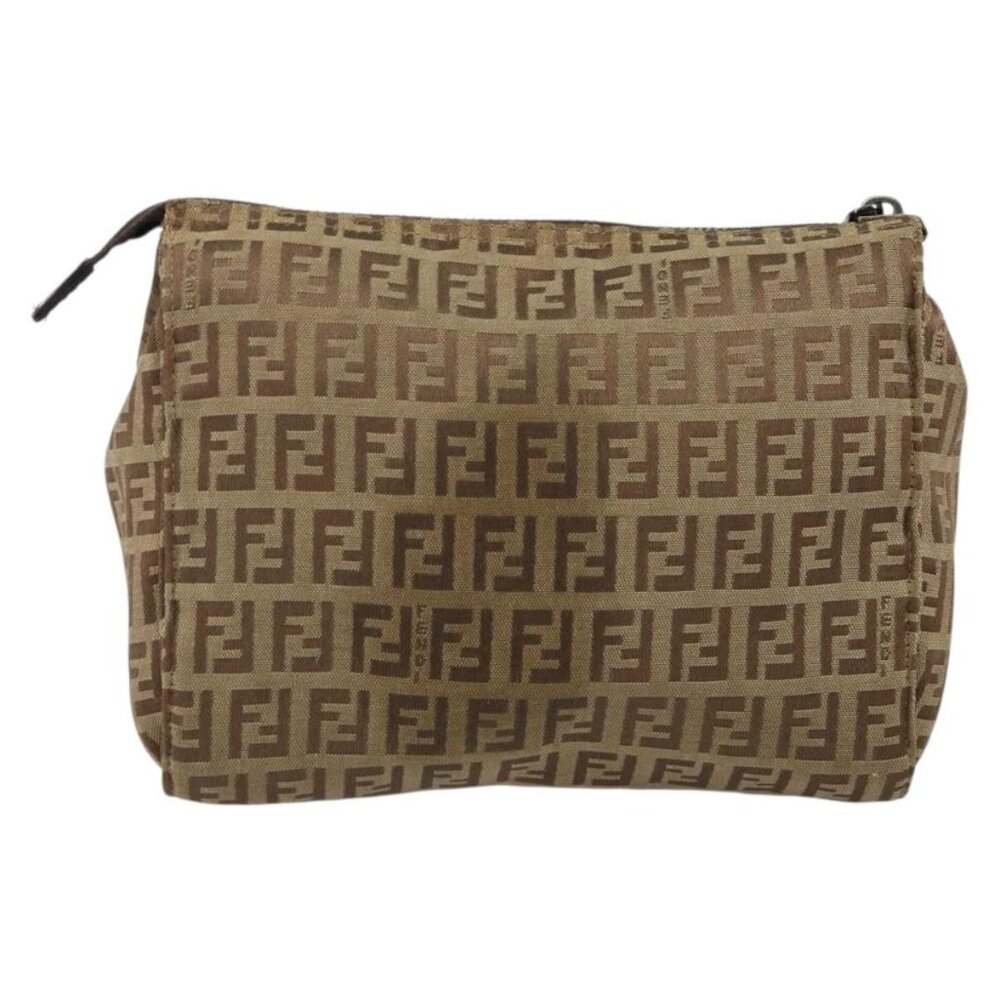 FENDI Zucchino Canvas Pouch Beige Silver Auth